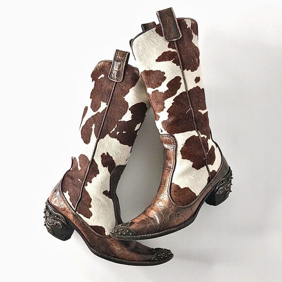 Giuseppe Zanotti Crystals Cow Print Pull On Western Cowgirl Heeled Boots 7 - Picture 1 of 9